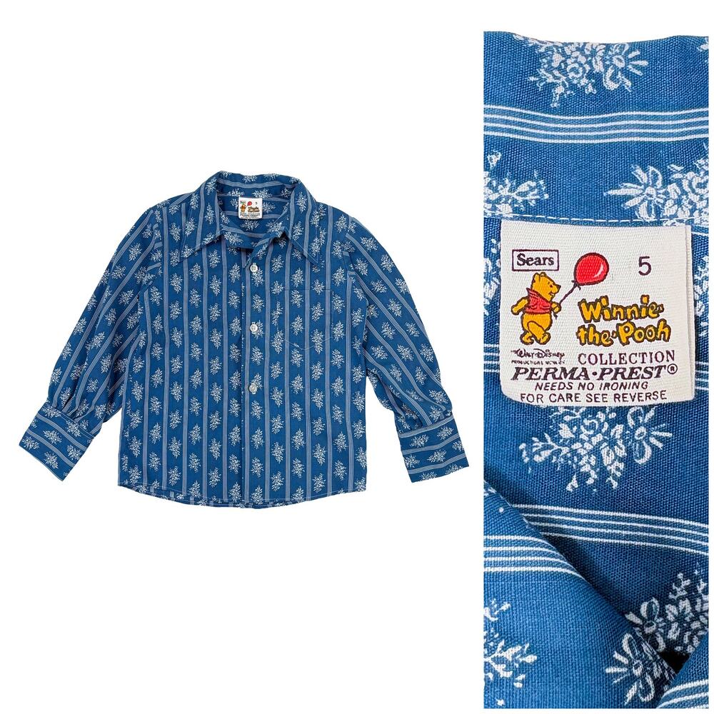 VTG 70s 80s Sears Winnie the Pooh Button Down Shirt Girls 5 Blue Disney Prairie